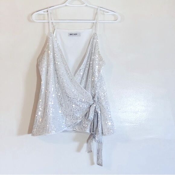 Grace Karin Shimmering Sequin Blouse Lined White Sequins Tie Front Sz Large - Picture 1 of 5